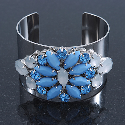 Rhodium Plated Light Blue/ Milky White Acrylic Bead Floral Cuff Bangle - up to 20cm Length - main view