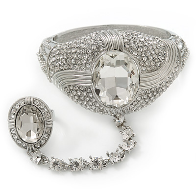 Statement Rhodium Plated Chunky Crystal Hinged Bangle With Oval Crystal Ring Attached - 18cm Length, Ring Size 7/8 - main view