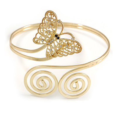 Gold Plated Filigree, Crystal Butterfly & Twirl Upper Arm, Armlet Bracelet - Adjustable - main view