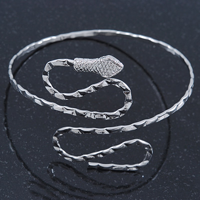 Egyptian Style Hammered Snake Upper Arm, Armlet Bracelet In Silver Plating - Adjustable - main view