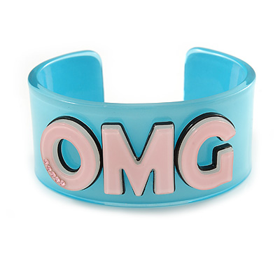 Light Blue/ Pale Pink 'OMG' Acrylic Cuff Bracelet Bangle (Kids/ Teen Size) - 16cm L