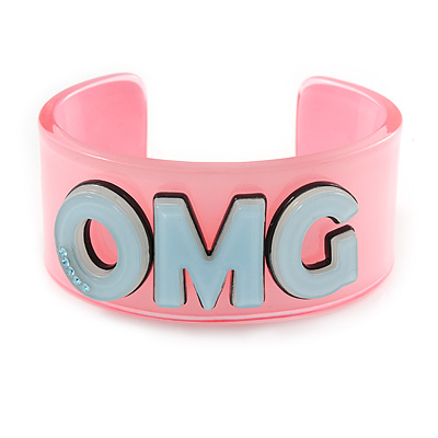 Light Pink/ Pale Blue 'OMG' Acrylic Cuff Bracelet Bangle (Kids/ Teen Size) - 16cm L - main view