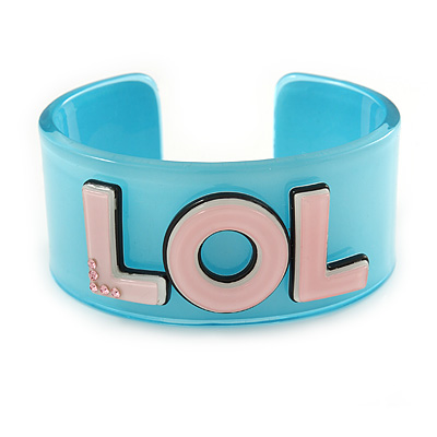 Light Blue/ Pale Pink 'LOL' Acrylic Cuff Bracelet Bangle (Kids/ Teen Size) - 16cm L