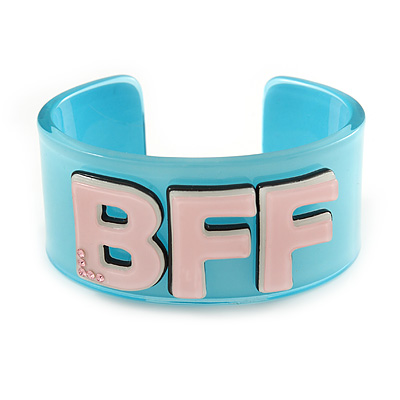 Light Blue/ Pale Pink 'BFF' Acrylic Cuff Bracelet Bangle (Kids/ Teen Size) - 16cm L - main view
