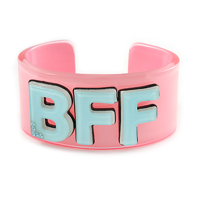 Light Pink/ Pale Blue 'BFF' Acrylic Cuff Bracelet Bangle (Kids/ Teen Size) - 16cm L - main view