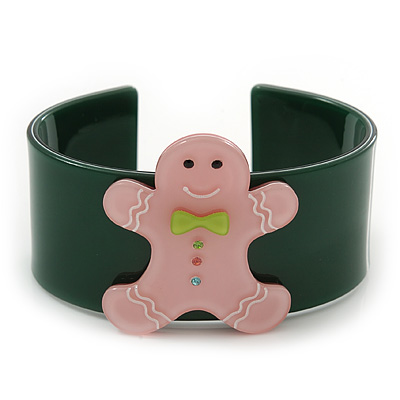 Dark Green, Pink Crystal Acrylic 'Gingerbread Man' Cuff Bracelet - 19cm L - main view
