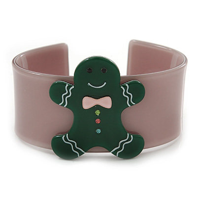Beige, Dark Green Crystal Acrylic 'Gingerbread Man' Cuff Bracelet - 19cm L - main view