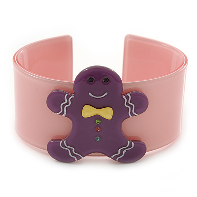 Light Pink, Purple Crystal Acrylic 'Gingerbread Man' Cuff Bracelet - 19cm L - main view