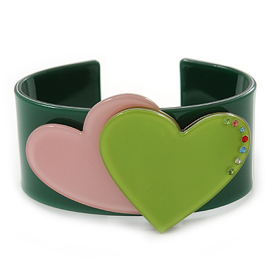 Dark Green, Pink, Salad Green Acrylic, Austrian Crystal Hearts Cuff Bracelet - 19cm L - main view