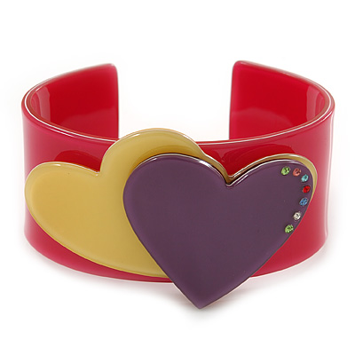 Magenta, Yellow, Purple Acrylic, Austrian Crystal Hearts Cuff Bracelet - 19cm L - main view