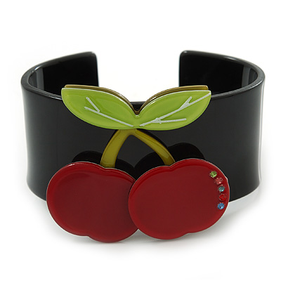Black, Light Green, Red Crystal Cherry Acrylic Cuff Bracelet - 19cm L