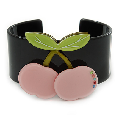 Black, Light Green, Pink Crystal Cherry Acrylic Cuff Bracelet - 19cm L