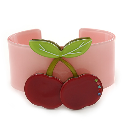 Pink, Light Green, Red Crystal Cherry Acrylic Cuff Bracelet - 19cm L - main view