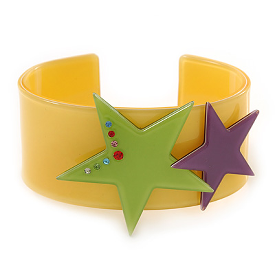 Yellow Acrylic Cuff Bracelet With Crystal Double Star Motif (Purple, Light Green) - 19cm L
