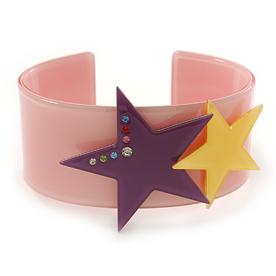 Light Pink Acrylic Cuff Bracelet With Crystal Double Star Motif (Purple, Yellow) - 19cm L - main view