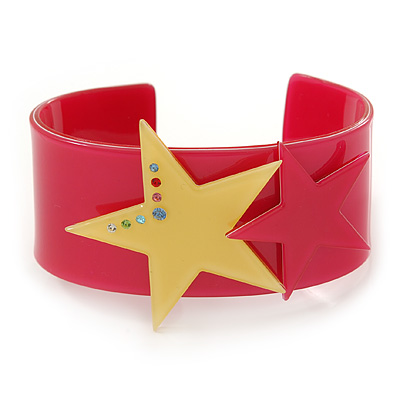Deep Pink Acrylic Cuff Bracelet With Crystal Double Star Motif (Deep Pink, Yellow) - 19cm L - main view