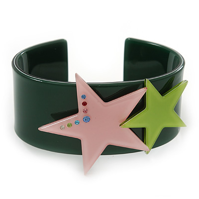 Dark Green Acrylic Cuff Bracelet With Crystal Double Star Motif (Pink, Light Green) - 19cm L - main view