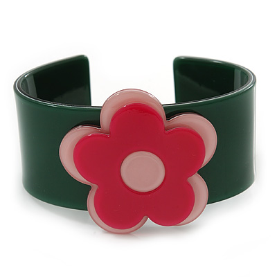 Dark Green, Light Pink, Deep Pink 'Modern Flower' Acrylic Cuff Bracelet - 19cm L - main view