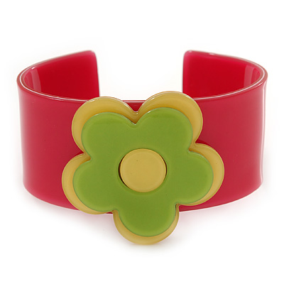 Deep Pink, Yellow, Light Green 'Modern Flower' Acrylic Cuff Bracelet - 19cm L - main view