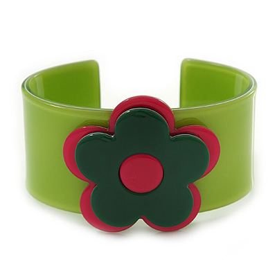 Green, Deep Pink 'Modern Flower' Acrylic Cuff Bracelet - 19cm L