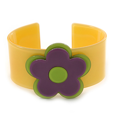 Yellow, Purple, Light Green 'Modern Flower' Acrylic Cuff Bracelet - 19cm L - main view