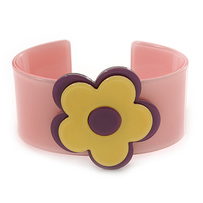 Light Pink, Purple, Yellow 'Modern Flower' Acrylic Cuff Bracelet - 19cm L - main view