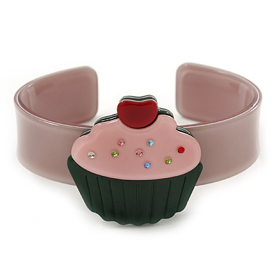 Beige, Light Pink, Dark Green Acrylic, Austrian Crystal Cupcake Cuff Bracelet - 19cm L - main view