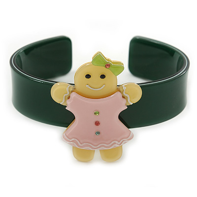 Dark Green, Pink, Yellow Crystal Acrylic 'Gingerbread Girl' Cuff Bracelet - 19cm L