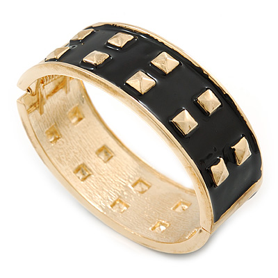 Black Enamel Studded Hinged Bangle Bracelet In Gold Tone - 18cm L - main view
