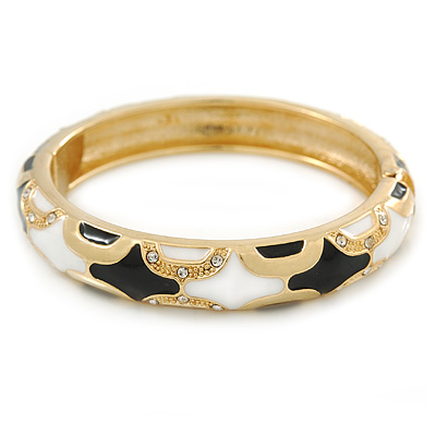 Black, White Enamel, Crystal Hinged Bangle Bracelet In Gold Tone - 18cm L - main view