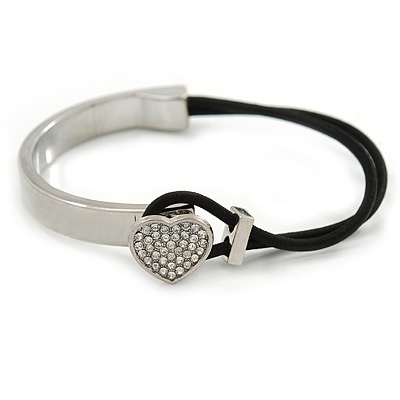 Clear Crystal Heart Bangle Bracelet With Black Silk Stretch Cord In Silver Tone - 18cm L - main view