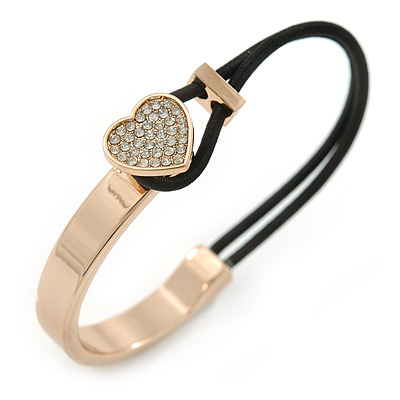 Clear Crystal Heart Bangle Bracelet With Black Silk Stretch Cord In Gold Tone - 18cm L - main view
