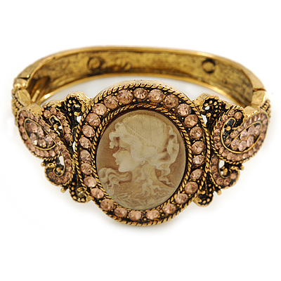Vintage Inspired Citrine Crystal Cameo Hinged Bangle Bracelet In Burnt Gold Tone - 19cm L - main view
