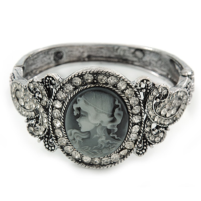 Vintage Inspired Crystal Cameo Hinged Bangle Bracelet In Burnt Silver Tone - 19cm L - main view