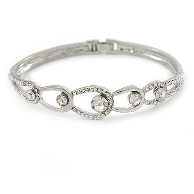 Clear Crystal 'Loop' Bangle Bracelet In Silver Tone - 18cm L - main view