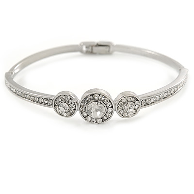 Silver Tone, Crystal Triple Circle Bangle Bracelet - 18cm L - main view