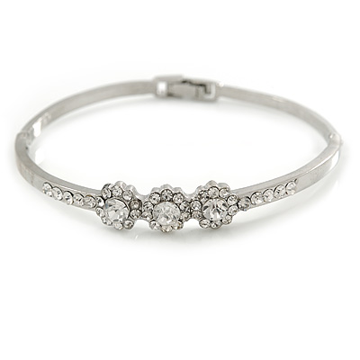 Silver Tone, Crystal Triple Flower Bangle Bracelet - 18cm L - main view