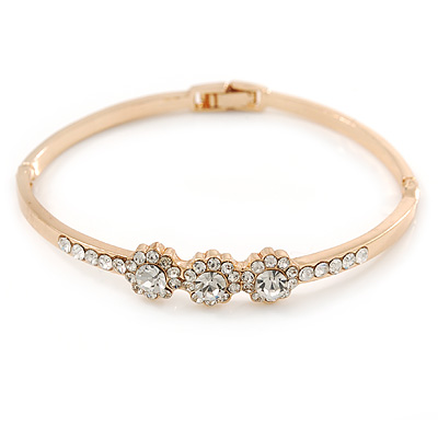 Gold Tone, Crystal Triple Flower Bangle Bracelet - 18cm L - main view