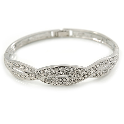 Clear Crystal 'Plaited' Bangle Bracelet In Silver Tone - 18cm L - main view