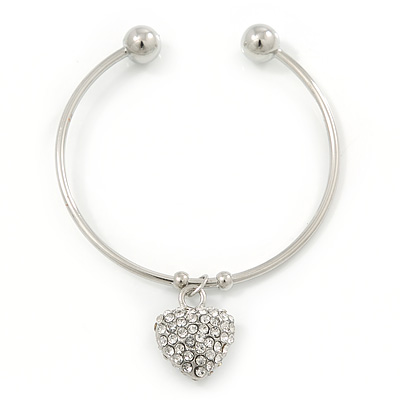 Silver Tone Slip-On Cuff Bracelet With A Crystal Heart Charm - 18cm L - main view