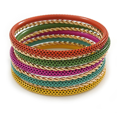 Multicoloured Smooth and Twisted Metal Bangle Set of 9 In Gold Tone - 20cm Length - main view