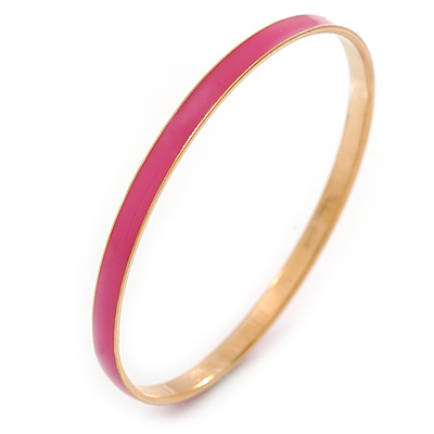Thin Pink Enamel Bangle Bracelet In Gold Plating - 19cm L