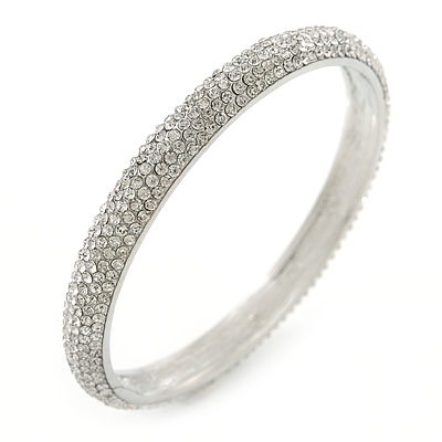 Clear Austrian Crystal Slip-on Bangle Bracelet In Rhodium Plating - 18cm L