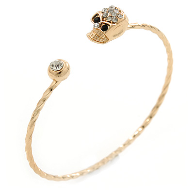 Crystal Skull Thin,Twisted, Gold Plated Cuff Bracelet - Adjustable - main view