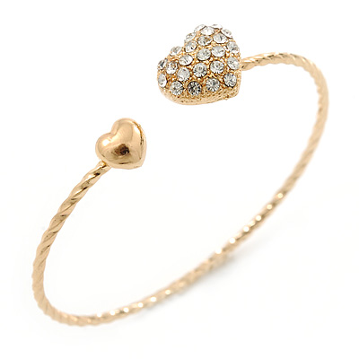 'Double Heart' Crystal, Twisted, Gold Plated Cuff Bracelet - Adjustable - main view