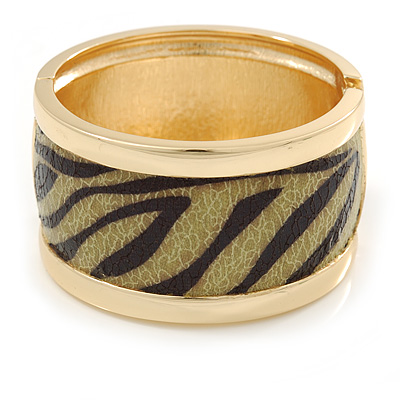 Wide 'Zebra Print' Hinged Bangle Bracelet In Gold Plating (Olive/ Black) - 18cm L - main view