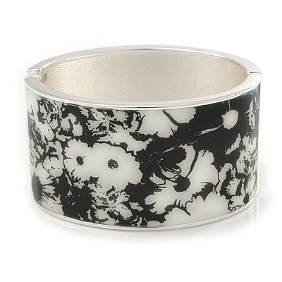 Vintage Inspired Wide Black/ White Floral Print Hinged Bangle Bracelet In Silver Tone - 19cm L - main view