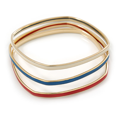 Set Of 3 White/ Red/ Blue Enamel Square Slip-On Bangle In Gold Plating - 19cm Length