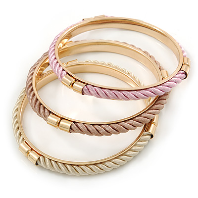 Set Of 3 Cream/ Beige/ Pink Silk Twisted Cord Slip-On Bangle In Gold Plating - 19cm Length - main view