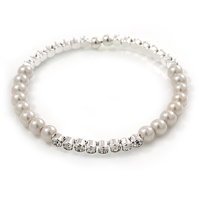 Bridal/ Prom White Simulated Pearl, Clear Crystal Flex Bracelet - Adjustable - main view